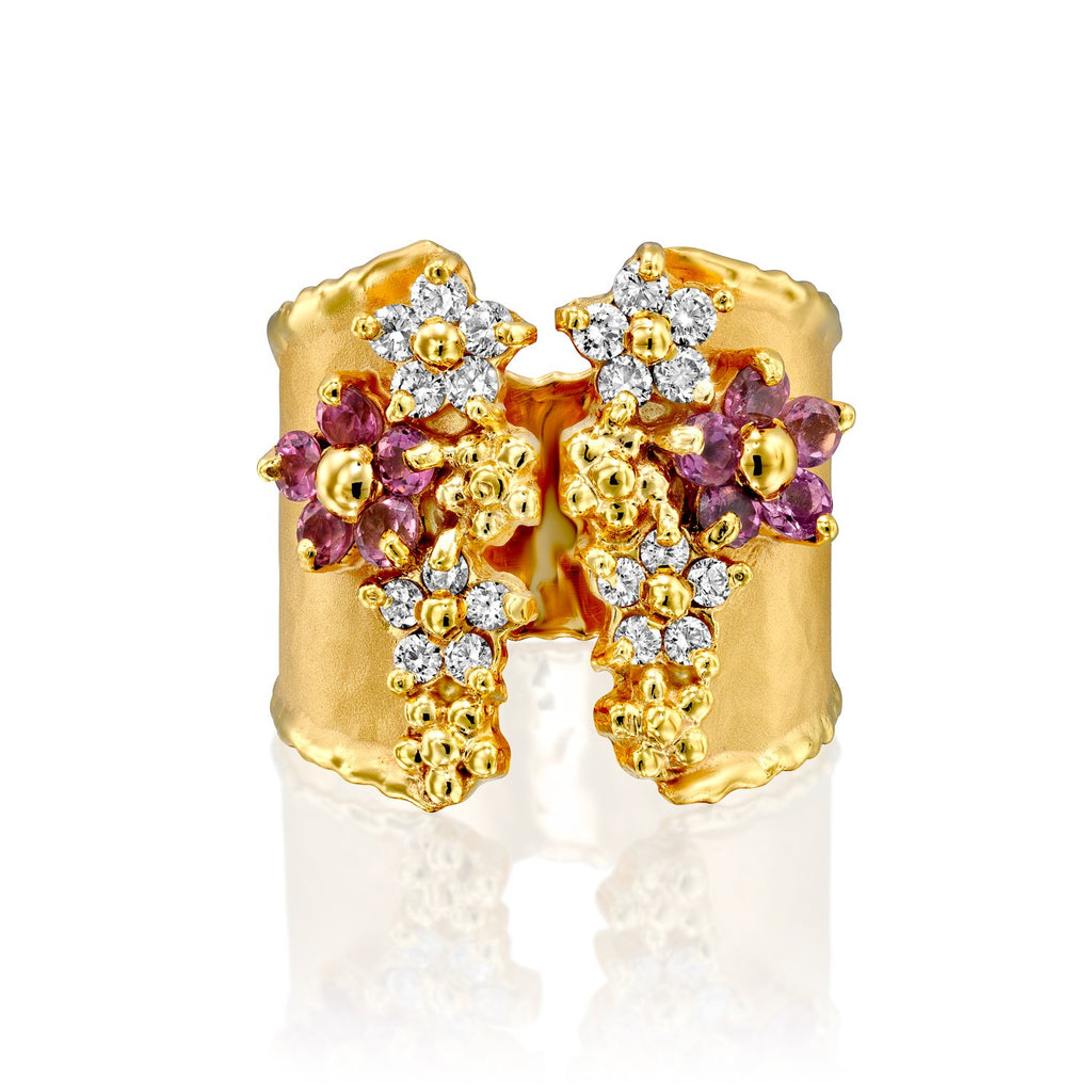 7307 - handmade elegant pink sapphires & white diamond ring, in 14kt hammered yellow gold with shiny torched edges  
