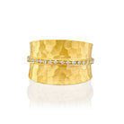 7314 - elegant 14kt hammered yellow gold ring, .12cttw white diamond pave a strip