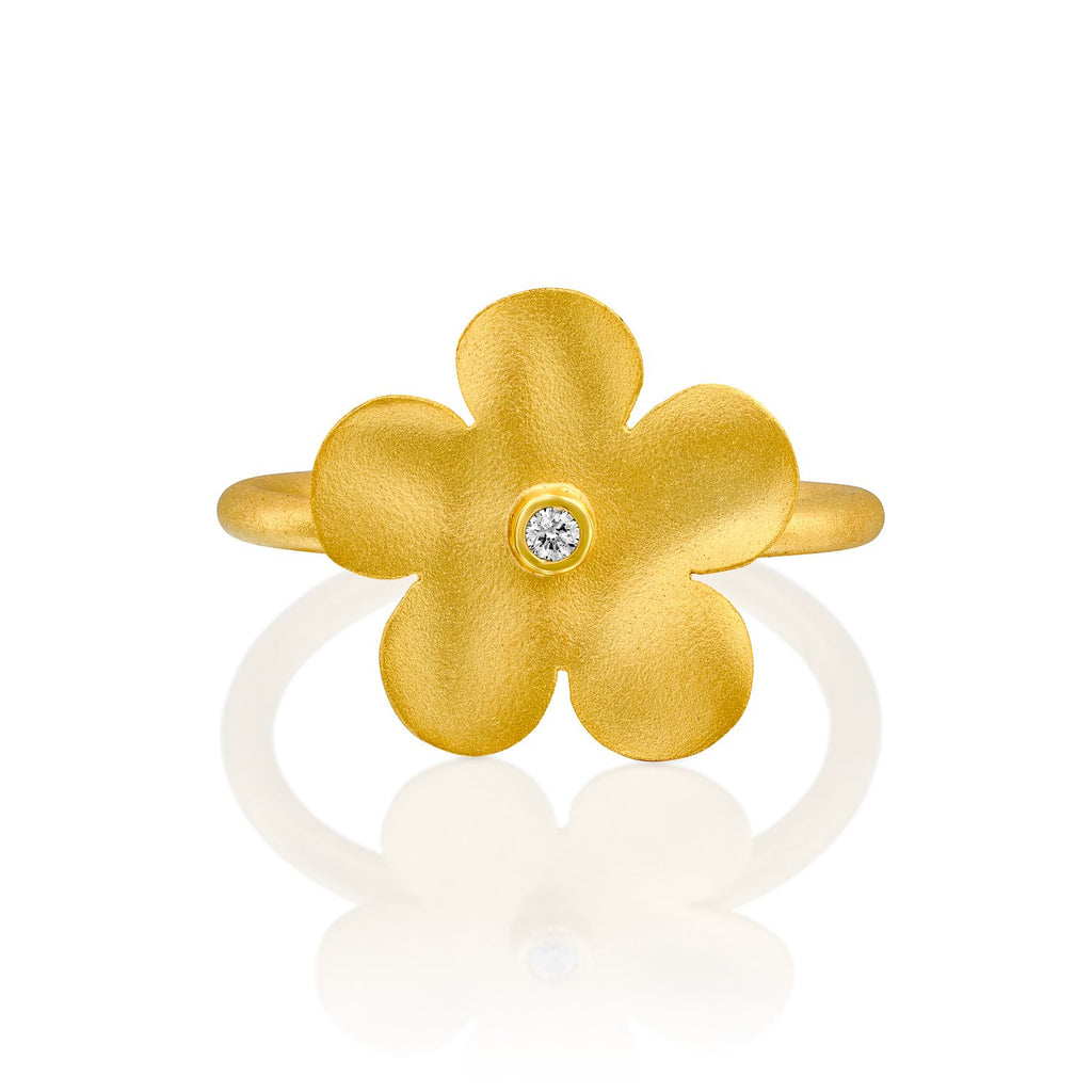 7320 - classic organic handmade flower ring in 14kt yellow satin-matte finish. the ring has a center 0.02cttw round brilliant cut white diamond in a bezel setting.