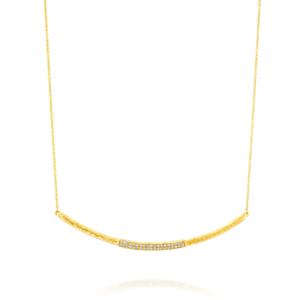 7414 - handmade textured 14kt yellow gold curved bar necklace with pave white diamonds