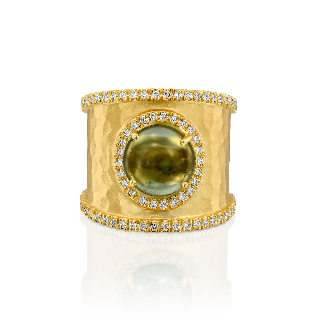7451 - 14kt yellow hammered ring band, 9mm natural green rich round tourmaline cabochon. .38cttw of round brilliant cut white diamond.
