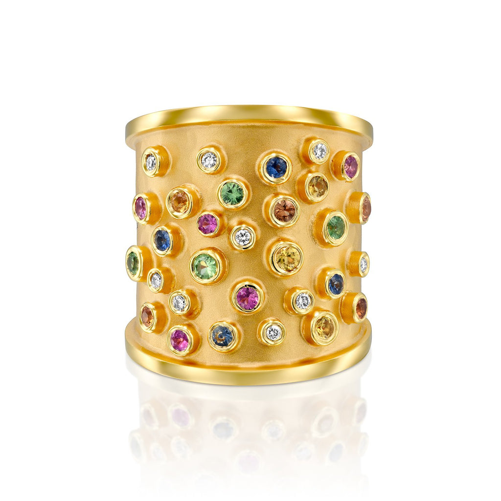 7523 - 14kt handmade matte finish yellow gold ring with shiny edges. beautiful mixed multi-colored sapphires in a bezel settings, 0.09cttw diamond
