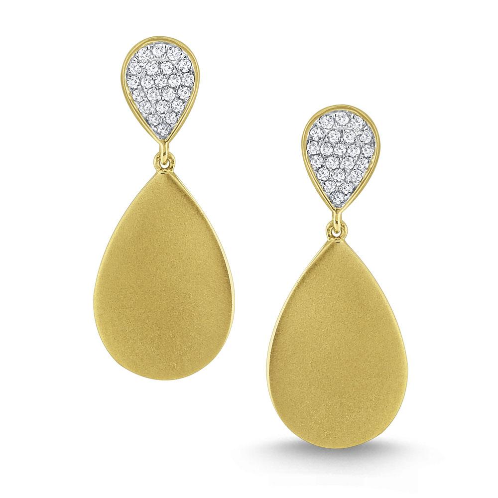 e7257 kc design diamond pear shaped tag earrings set in 14 kt. brushed gold