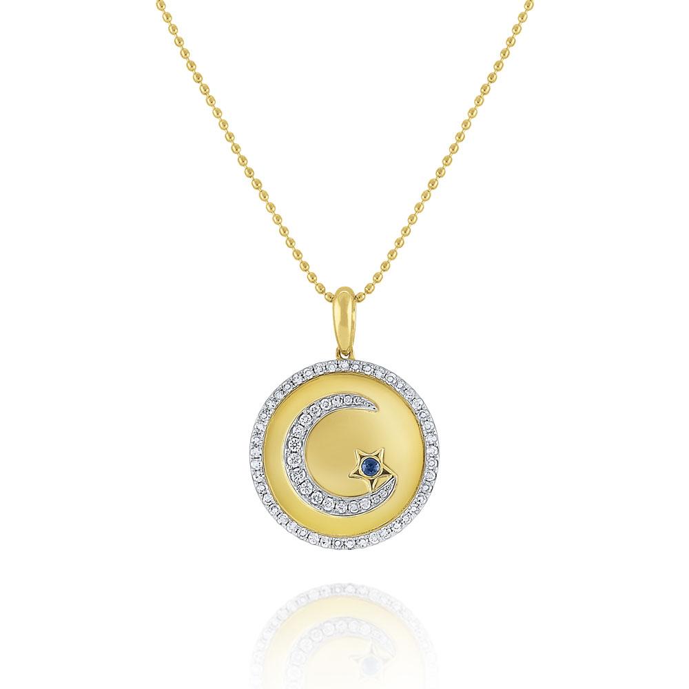 n7153 kc design diamond & blue sapphire crescent moon & star medallion necklace set in 14 kt. gold