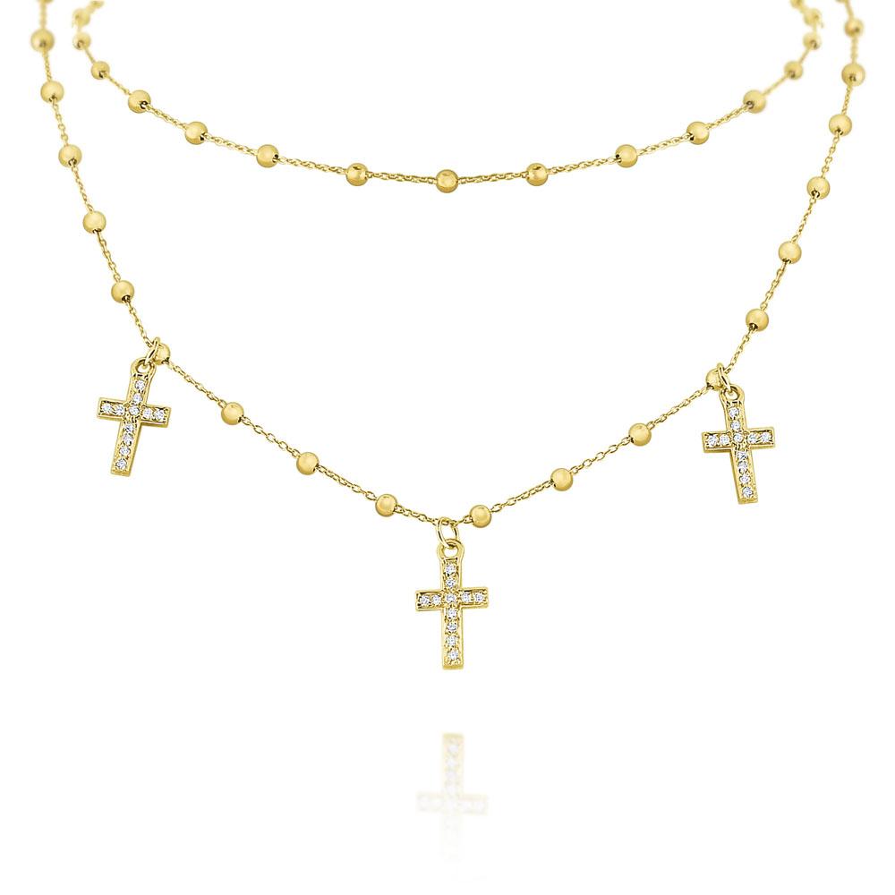 Gold and Triple Diamond Cross Charms in Double Layer Chain | KC Design | Diamond Vault of Troy