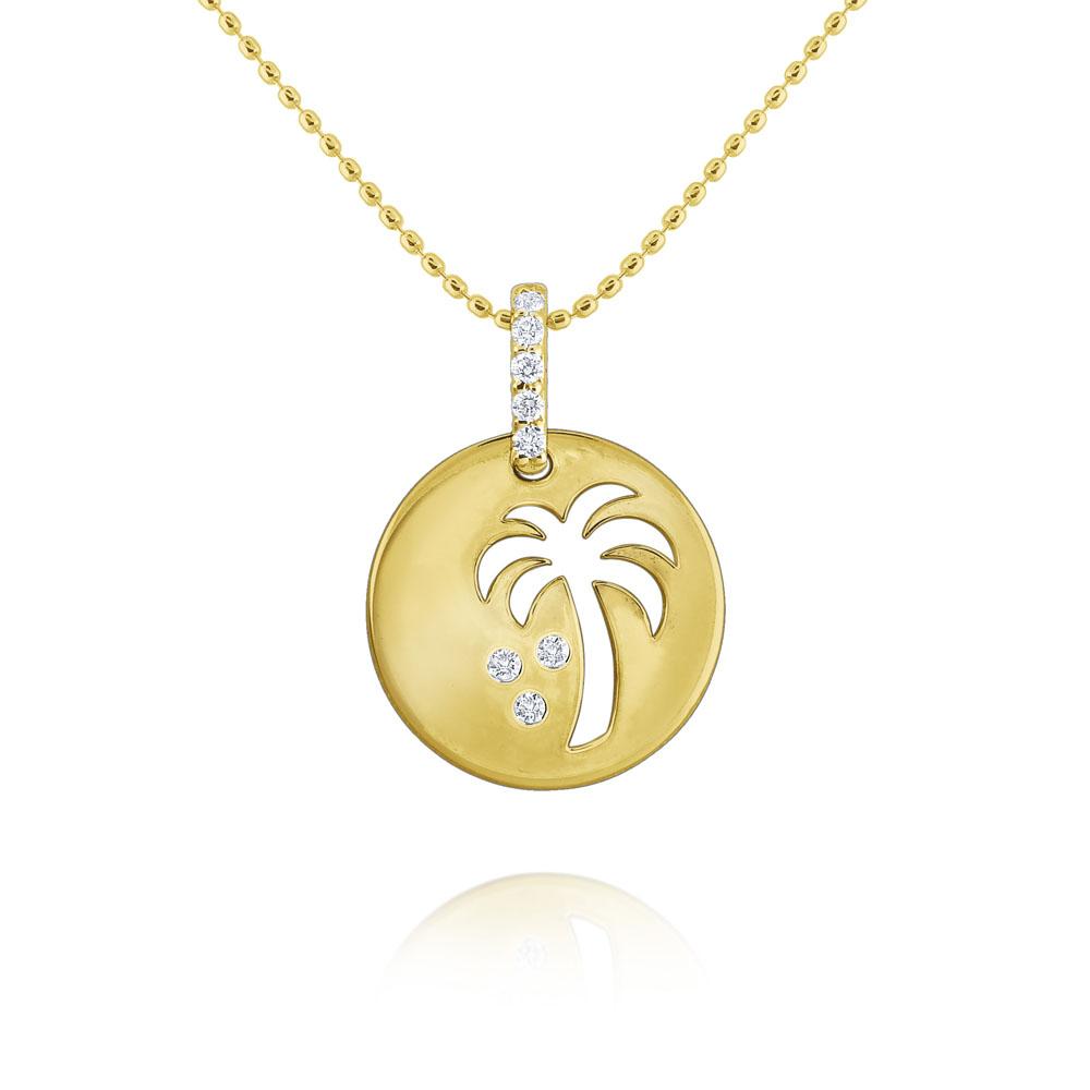 n7793 kc design 14k gold palm tree disc necklace accented with 9 dazzling diamonds