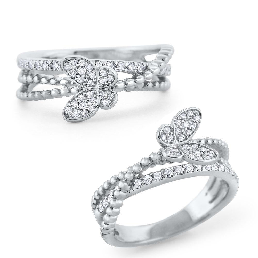 Silver Butterfly Diamante Ring Set
